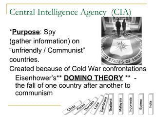Central Intelligence Agency (CIA)
*Purpose: Spy
(gather information) on
“unfriendly / Communist”
countries.
Created because of Cold War confrontations
Eisenhower’s** DOMINO THEORY ** -
the fall of one country after another to
communism
 