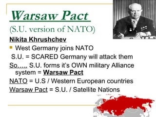 Warsaw Pact
(S.U. version of NATO)
Nikita Khrushchev
 West Germany joins NATO
S.U. = SCARED Germany will attack them
So….. S.U. forms it’s OWN military Alliance
system = Warsaw Pact
NATO = U.S / Western European countries
Warsaw Pact = S.U. / Satellite Nations
 