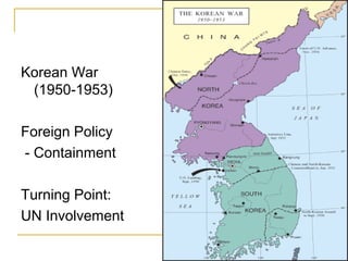 Korean War
(1950-1953)
Foreign Policy
- Containment
Turning Point:
UN Involvement
 