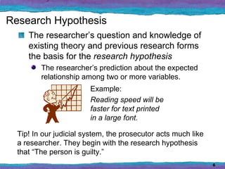 Research Hypothesis
     The researcher’s question and knowledge of
     existing theory and previous research forms
     the basis for the research hypothesis
         The researcher’s prediction about the expected
         relationship among two or more variables.
                        Example:
                        Reading speed will be
                        faster for text printed
                        in a large font.

  Tip! In our judicial system, the prosecutor acts much like
  a researcher. They begin with the research hypothesis
  that “The person is guilty.”
                                                               6
 
