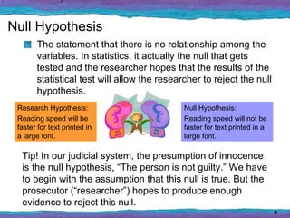Null Hypothesis
       The statement that there is no relationship among the
       variables. In statistics, it actually the null that gets
       tested and the researcher hopes that the results of the
       statistical test will allow the researcher to reject the null
       hypothesis.
 Research Hypothesis:                        Null Hypothesis:
 Reading speed will be                       Reading speed will not be
 faster for text printed in                  faster for text printed in a
 a large font.                               large font.

  Tip! In our judicial system, the presumption of innocence
  is the null hypothesis, “The person is not guilty.” We have
  to begin with the assumption that this null is true. But the
  prosecutor (“researcher”) hopes to produce enough
  evidence to reject this null.
                                                                            7
 