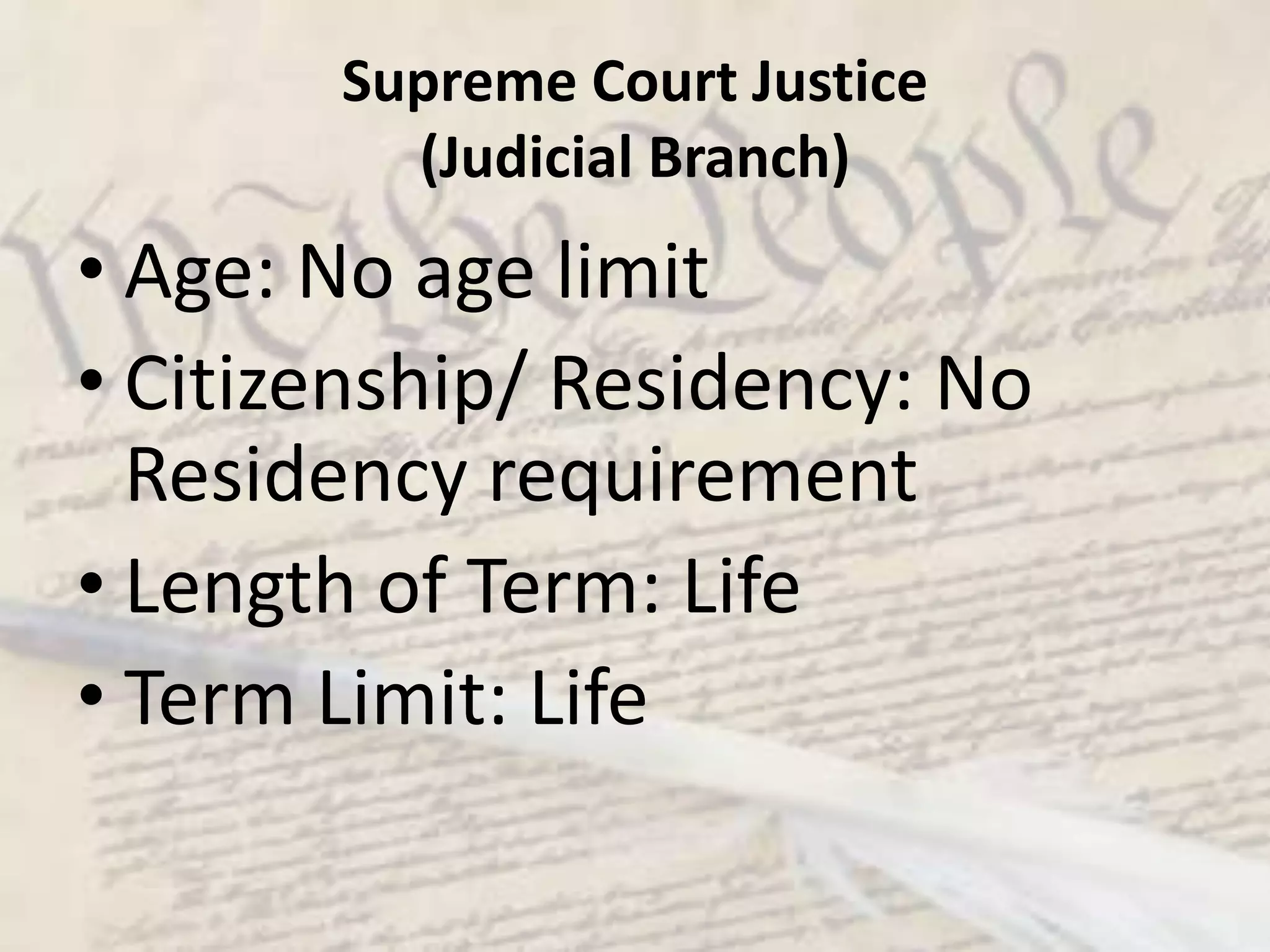 House of Representatives (Legislative Branch)Age: 25Citizenship/ Residency: Must be an American Citizen for 7 years and a resident of the state he or she representsLength of Term: 2 YearsTerm Limit: Unlimited as long as reelected