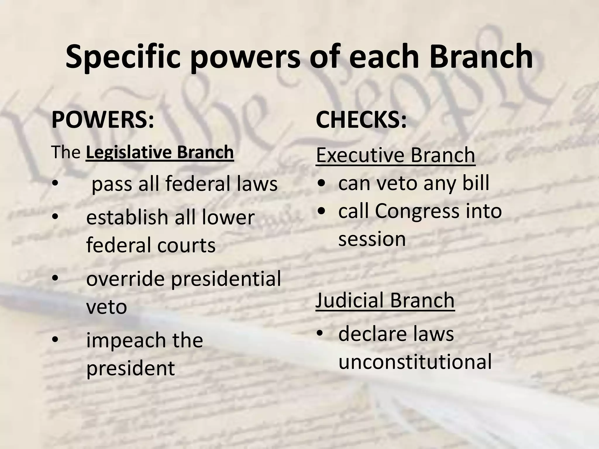 Separation of Powers- Why?The framers of the constitution included the separation of powers  for one primary reason:  to prevent the majority from achieving absolute ruleAs part of this separation of powers, each of the three branches have Checks and Balances” on the authority of the other two branches  the power of each branch is limited or”checked” by the other two so none gain too much power