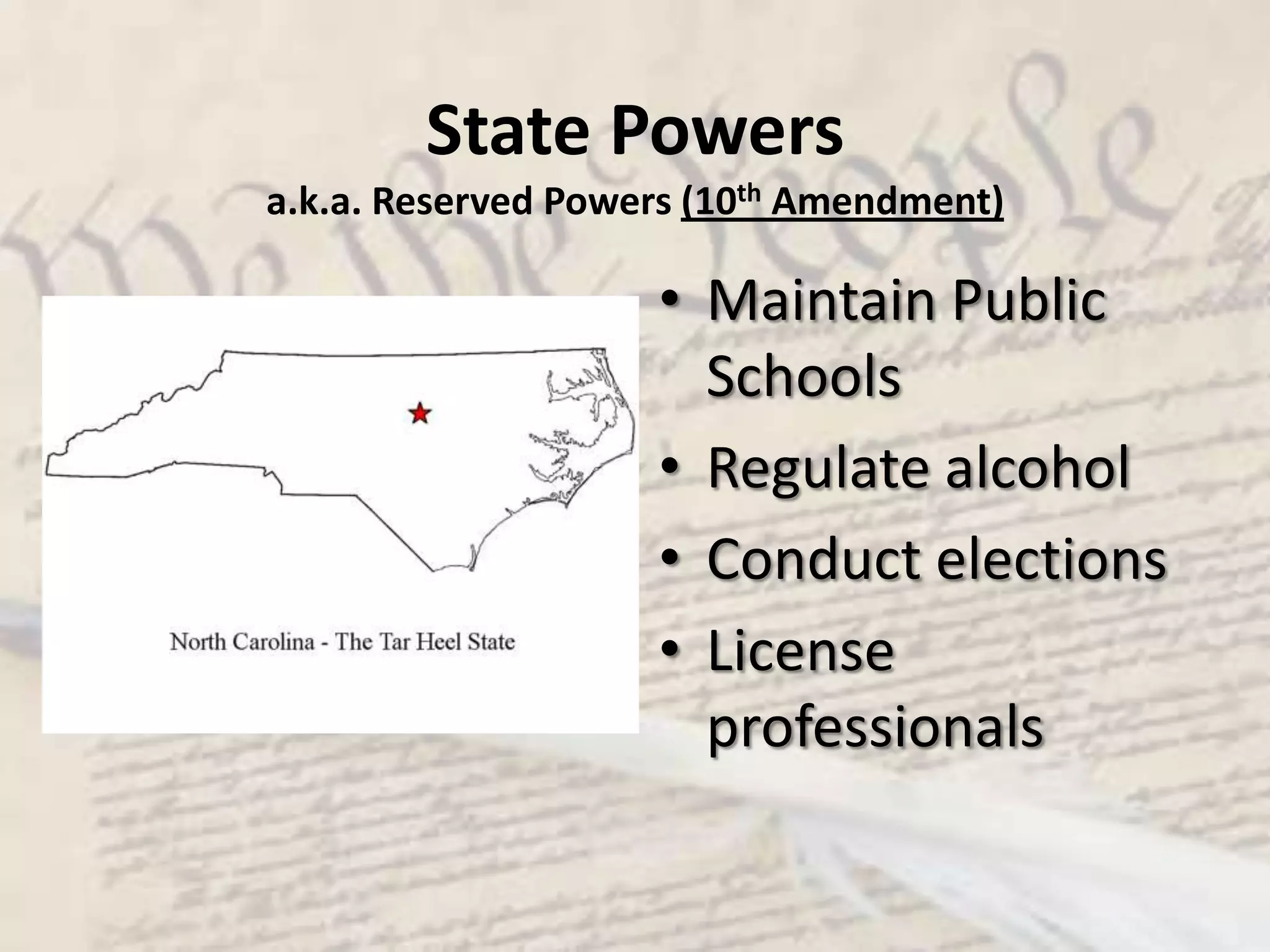 Types of PowersExpressed Powers:  Powers actually written in the Constitutionex:  “Congress shall have the power…to raise and support Armies”Implied Powers:  Powers not actually listed in the Constitution, but are assumedex:  Congress draft citizens into the army