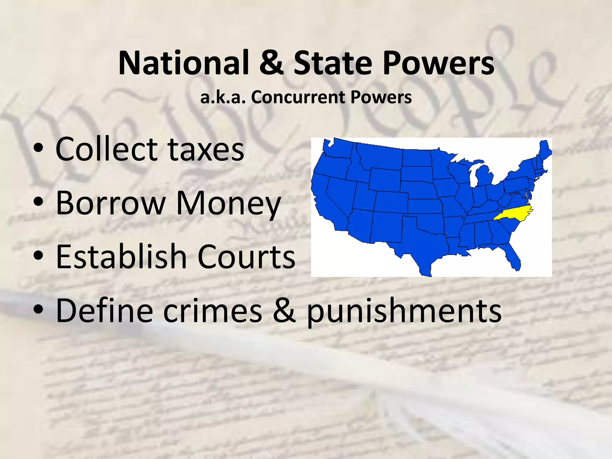 Elastic clausea.k.a. “necessary and proper clause”“Congress has the power to make all Laws which shall be necessary and proper for carrying into Execution the…powers vested by the Constitution.”Allows Congress to expand its powers when needed.EX:  Constitution says- “power to…repel invasions” but Congress has allowed wiretapping of suspected terrorists without warrants.