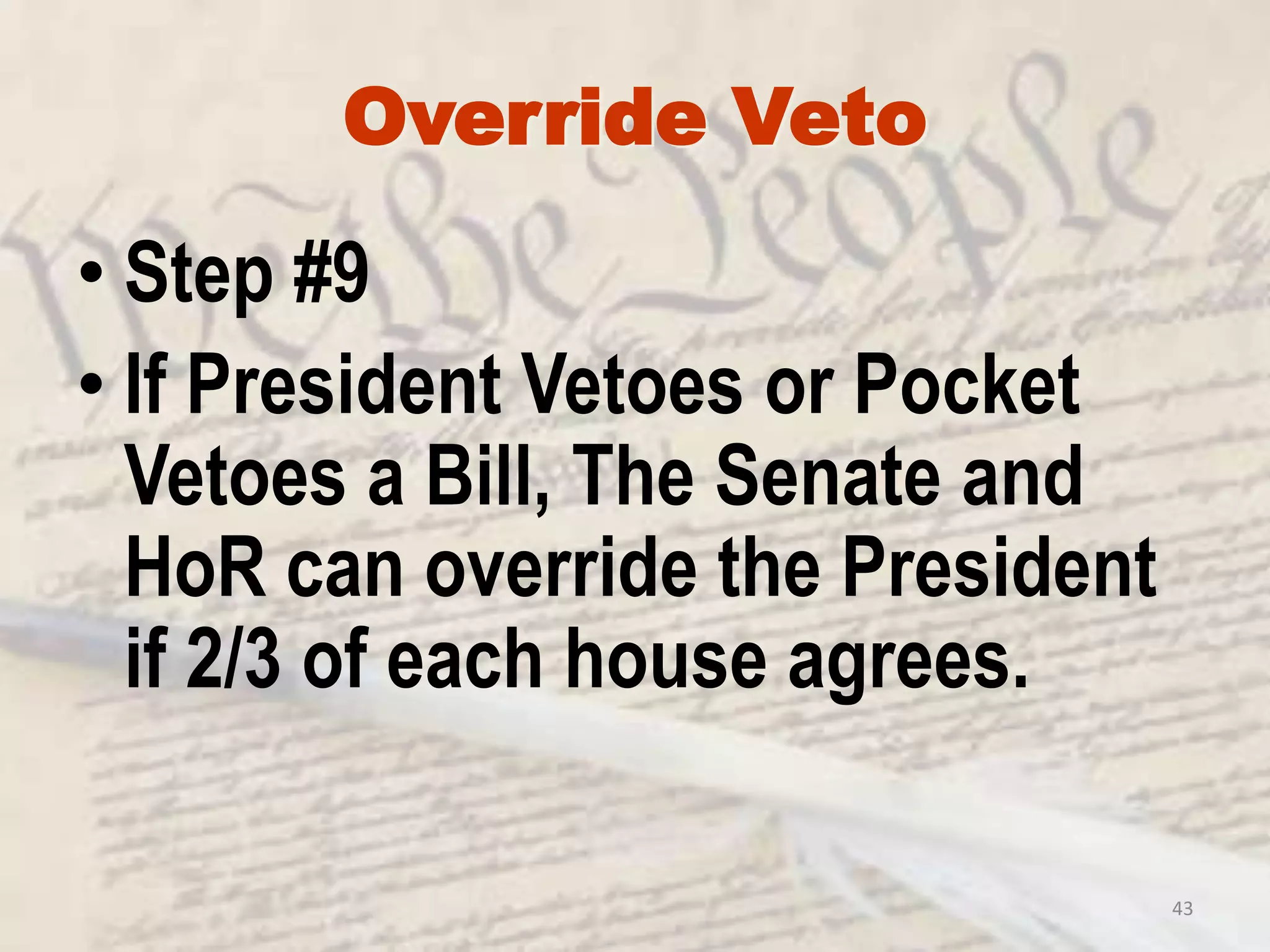 40Conference CommitteeStep #7When members of the HoR and Senate compromise on differences in a Bill before it goes to the President.