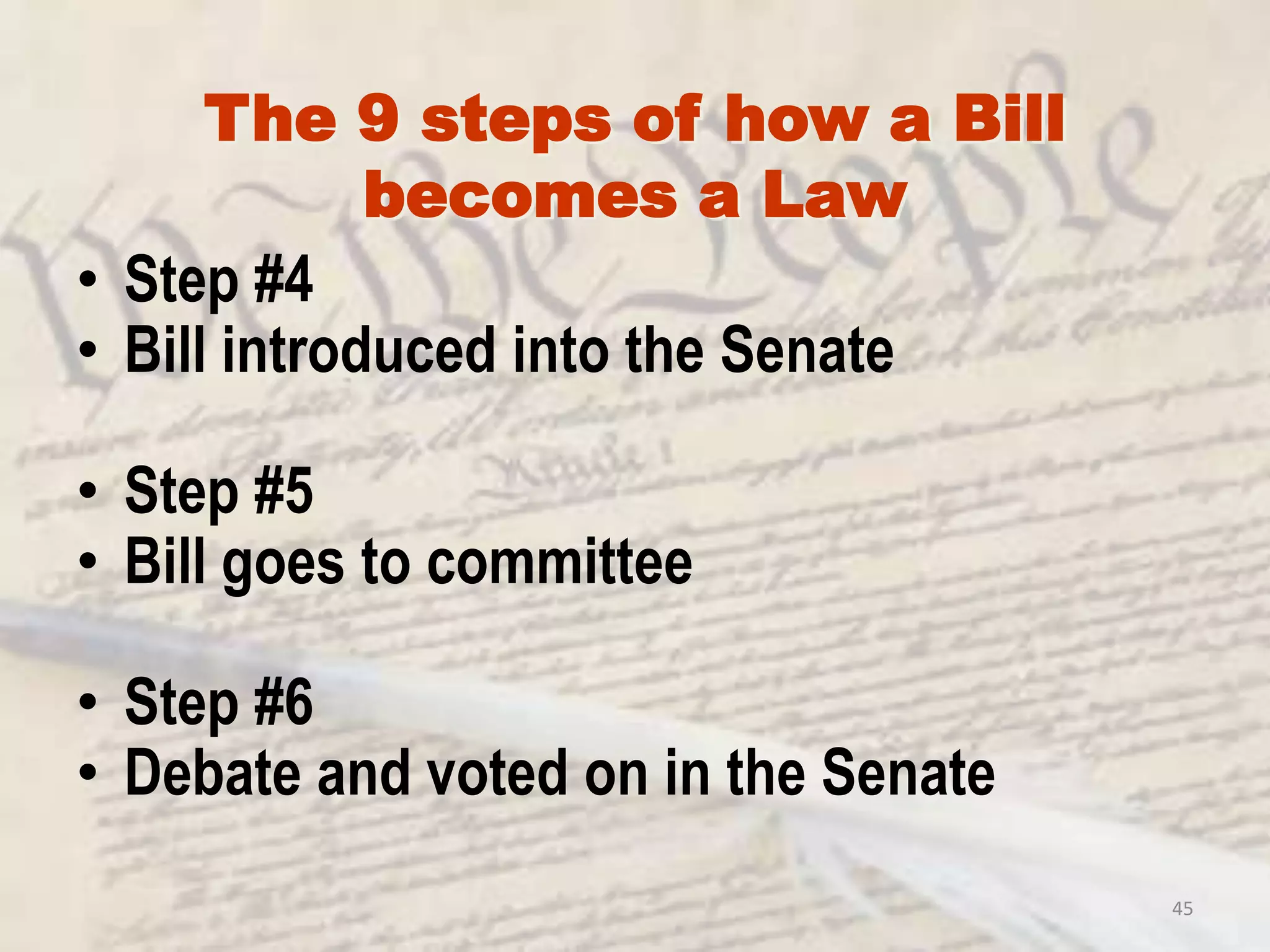 42Pocket VetoStep #8When the President puts a Bill aside for 10 days and it does not become a law