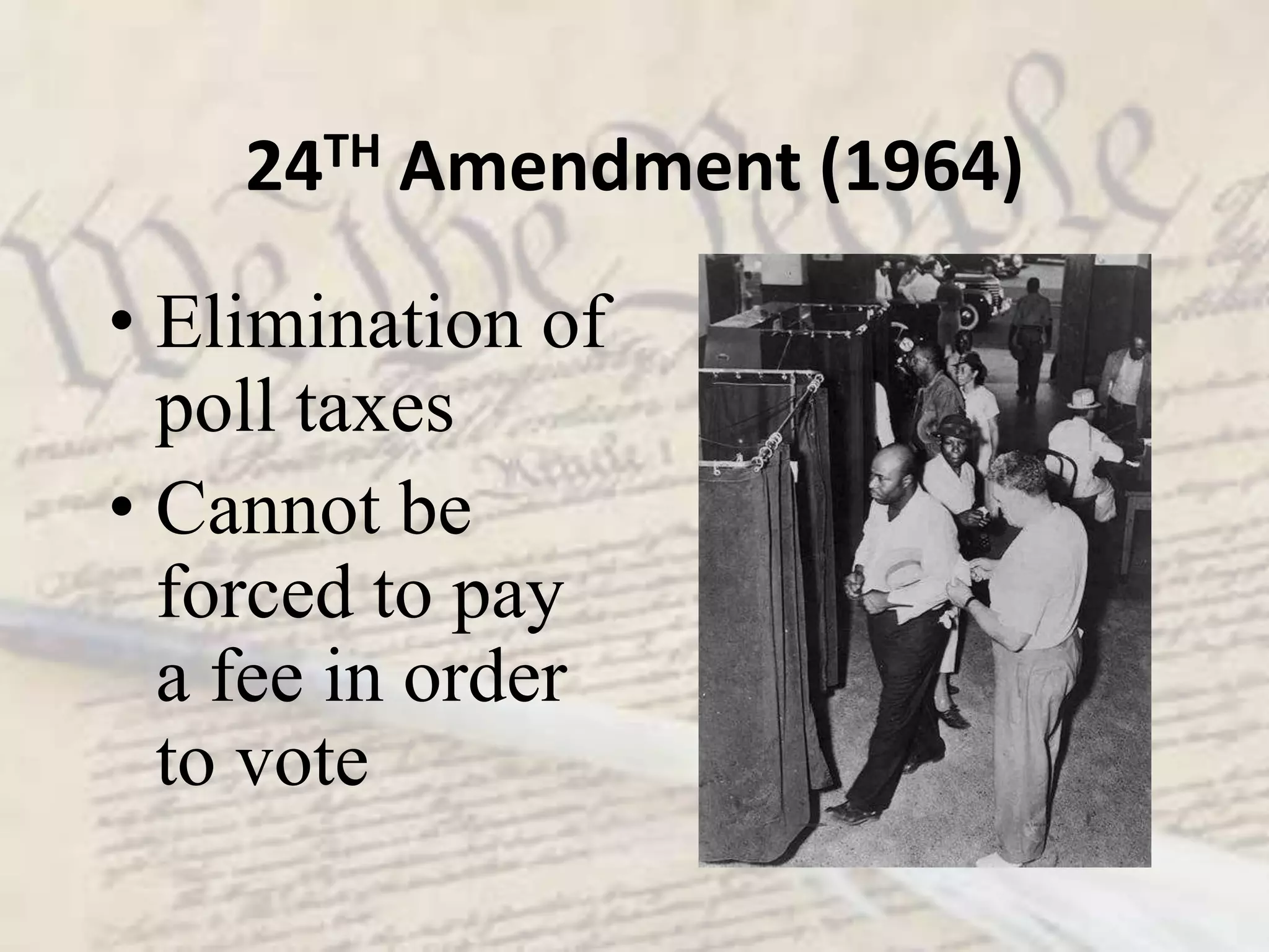 14TH Amendment (1868)Equal protection under the lawBoth national and state gov’ts must  guarantee everyone their civil libertiesDefined citizenship