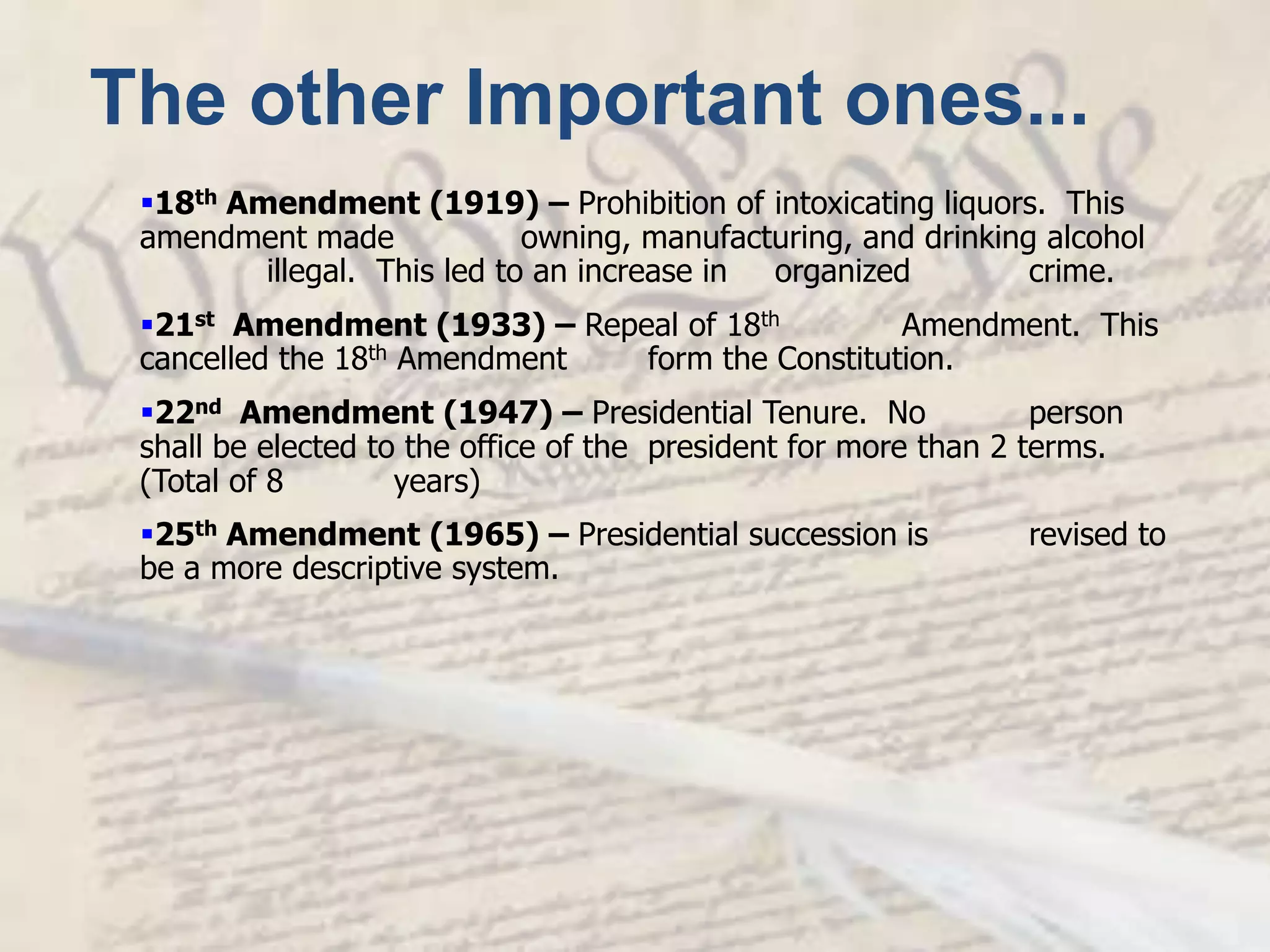 The Civil War Amendments13th Amendment (1865) – neither slavery nor involuntary servitude shall exist in the United States14th Amendment (1868) – all persons born or naturalized in the United State are citizensstates cannot abridge the privileges or immunities of citizensall persons (whether or not they are citizens) are entitled to due processall persons are entitled to equal protection15th Amendment (1870) – the right to vote shall not be denied because of race, color or previous condition of servitude