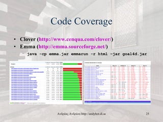Code Coverage <ul><li>Clover ( http://www.cenqua.com/clover/ ) </li></ul><ul><li>Emma ( http://emma.sourceforge.net/ ) </l...