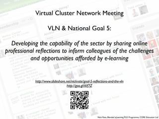 Virtual Cluster Network Meeting

                    VLN & National Goal 5:

  Developing the capability of the sector by sharing online
professional reﬂections to inform colleagues of the challenges
          and opportunities afforded by e-learning


            http://www.slideshare.net/nickrate/goal-5-reﬂections-and-the-vln
                                  http://goo.gl/6If7Z




                                                         Nick Rate, Blended eLearning PLD Programme, CORE Education Ltd
 