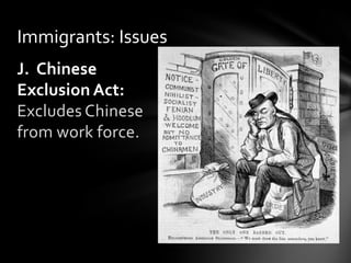Immigrants: Issues
J. Chinese
Exclusion Act:
Excludes Chinese
from work force.

 