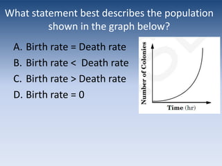 What statement best describes the population shown in the graph below at time “t”?Birth rate = Death rateBirth rate <  Death rateBirth rate > Death rateBirth rate = 0