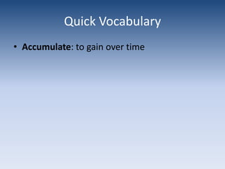 BioaccumulationBioaccumulation: the buildup of toxins in top consumers after eating many smaller organisms in a food web Also called biomagnification or bioamplification