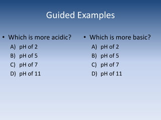 Guided ExamplesWhich is more acidic?pH of 2pH of 5pH of 7pH of 11Which is more basic?pH of 2pH of 5pH of 7pH of 11