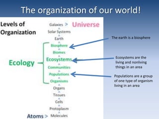 The organization of our world!The earth is a biosphereEcosystems are the living and nonliving things in an areaPopulations are a group of one type of organism living in an area
