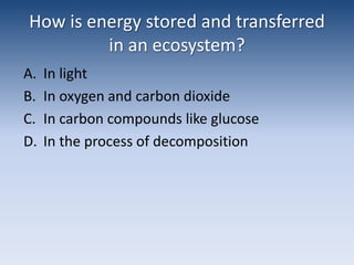How is energy stored and transferred in an ecosystem?In lightIn oxygen and carbon dioxideIn carbon compounds like glucoseIn the process of decomposition