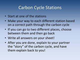 Carbon Cycle StationsStart at one of the stationsMake your way to each different station based on a correct path through the carbon cycleIf you can go to two different places, choose between them and then go backWrite all answers on your sheet!After you are done, explain to your partner the “story” of the carbon cycle, and have them explain back to you!