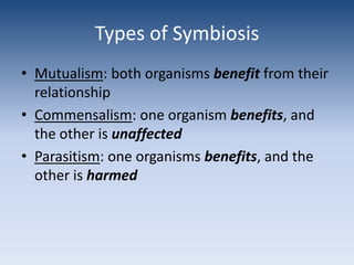 Types of SymbiosisMutualism: both organisms benefit from their relationshipCommensalism: one organism benefits, and the other is unaffectedParasitism: one organisms benefits, and the other is harmed