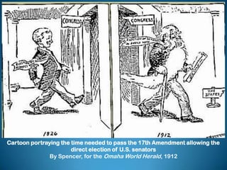 Cartoon portraying the time needed to pass the 17th Amendment allowing the
direct election of U.S. senators
By Spencer, for the Omaha World Herald, 1912
 