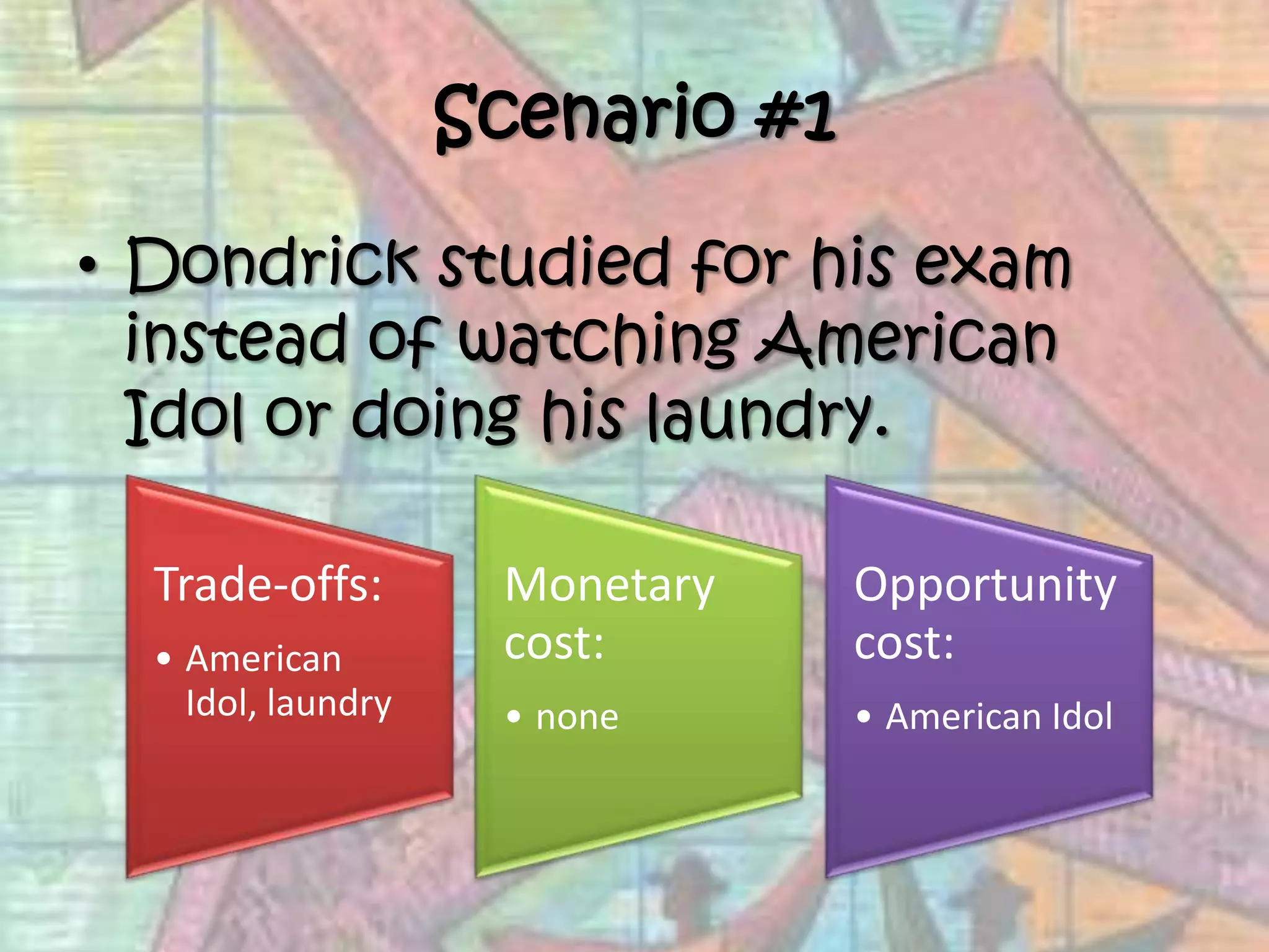 Scenario #1Dondrick studied for his exam instead of watching American Idol or doing his laundry.