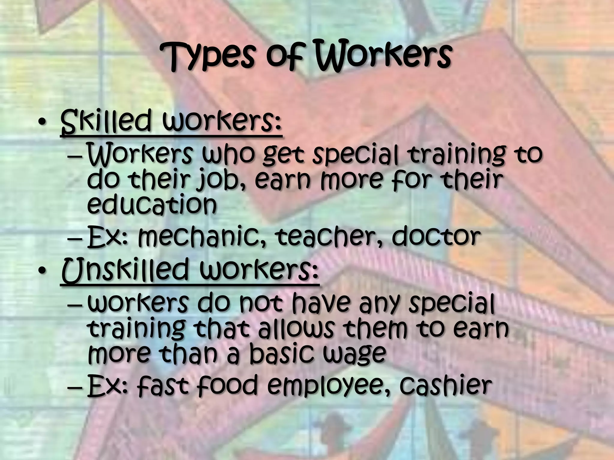 Types of WorkersSkilled workers:Workers who get special training to do their job, earn more for their educationEx: mechanic, teacher, doctorUnskilled workers:workers do not have any special training that allows them to earn more than a basic wage Ex: fast food employee, cashier