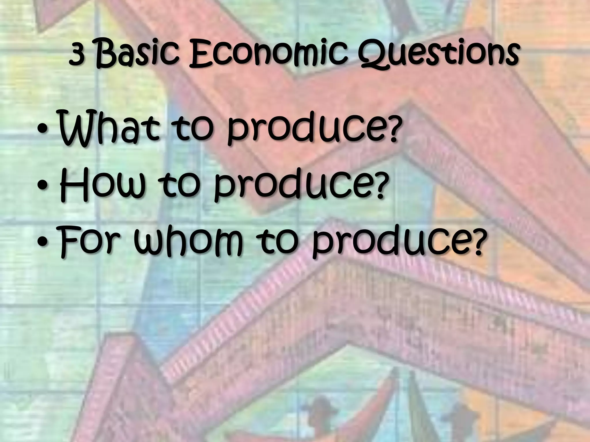 3 Basic Economic QuestionsWhat to produce?How to produce?For whom to produce?