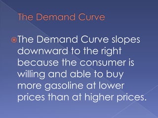 The Demand CurveThe Demand Curve slopes downward to the right because the consumer is willing and able to buy more gasoline at lower prices than at higher prices.