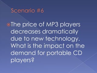 Scenario #6The price of MP3 players decreases dramatically due to new technology.  What is the impact on the demand for portable CD players?