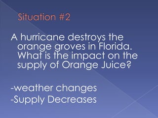 Situation #2A hurricane destroys the orange groves in Florida.  What is the impact on the supply of Orange Juice?-weather changes-Supply Decreases