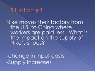 Situation #4Nike moves their factory from the U.S. to China where workers are paid less.  What is the impact on the supply of Nike’s shoes?-change in input costs-Supply Increases