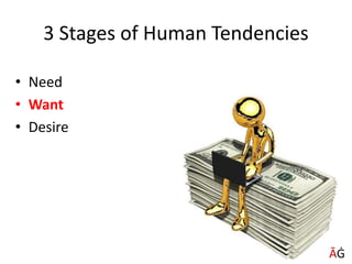 3 Stages of Human Tendencies
• Need
• Want
• Desire
ĀĠ
 