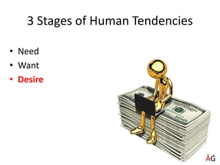 3 Stages of Human Tendencies
• Need
• Want
• Desire
ĀĠ
 