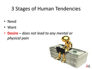 3 Stages of Human Tendencies
• Need
• Want
• Desire – does not lead to any mental or
physical pain
ĀĠ
 