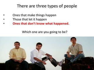 There are three types of people
• Ones that make things happen
• Those that let it happen
• Ones that don’t know what happened.
Which one are you going to be?
ĀĠ
 