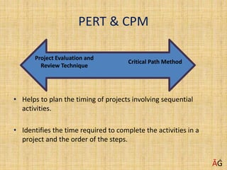PERT & CPM
• Helps to plan the timing of projects involving sequential
activities.
• Identifies the time required to complete the activities in a
project and the order of the steps.
Project Evaluation and
Review Technique
Critical Path Method
ĀĠ
 