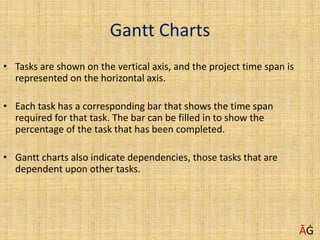 Gantt Charts
• Tasks are shown on the vertical axis, and the project time span is
represented on the horizontal axis.
• Each task has a corresponding bar that shows the time span
required for that task. The bar can be filled in to show the
percentage of the task that has been completed.
• Gantt charts also indicate dependencies, those tasks that are
dependent upon other tasks.
ĀĠ
 