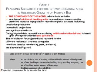 CASE 1
PLANNING SCENARIOS FOR THE GROWING COASTAL AREA
IN AUSTRALIA GROWTH OF HERVEY BAY
 THE COMPONENT OF THE MODEL which deals with the
 number of additional dwelling units required to accommodate the
predicted increase in population requires regional datasets including;
population projections
household projections
average household size.
Disaggregated data required in calculating additional residential land is based
upon average residential land parcel size.
The formulation for projected land required for the
different residential land-use categories
(medium density, low density, park, and rural)
are shown in Figure 4.
Projected requirements for residential land
 