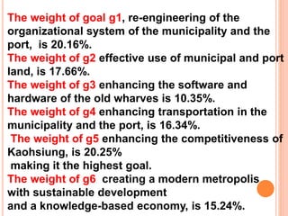 The weight of goal g1, re-engineering of the
organizational system of the municipality and the
port, is 20.16%.
The weight of g2 effective use of municipal and port
land, is 17.66%.
The weight of g3 enhancing the software and
hardware of the old wharves is 10.35%.
The weight of g4 enhancing transportation in the
municipality and the port, is 16.34%.
The weight of g5 enhancing the competitiveness of
Kaohsiung, is 20.25%
making it the highest goal.
The weight of g6 creating a modern metropolis
with sustainable development
and a knowledge-based economy, is 15.24%.
 
