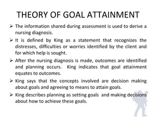 THEORY OF GOAL ATTAINMENT <ul><li>The information shared during assessment is used to derive a nursing diagnosis. </li></u...