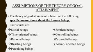 ASSUMPTIONS OF THE THEORYOF GOAL
ATTAINMENT
• The theory of goal attainment is based on the following
specific assumptions about the human beings :
Individuals are
Social beings Sentient beings
Time-oriented beings Controlling beings
Rational beings Purposeful beings.
Reacting beings Action- oriented beings
Perceiving beings
 