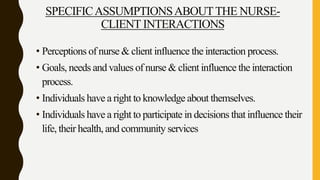 SPECIFICASSUMPTIONSABOUTTHE NURSE-
CLIENT INTERACTIONS
• Perceptions of nurse & client influence the interaction process.
• Goals, needs and values of nurse & client influence the interaction
process.
• Individuals have a right to knowledge about themselves.
• Individuals have a right to participate in decisions that influence their
life, their health, and community services
 