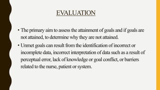 EVALUATION
• The primary aim to assess the attainment of goals and if goals are
not attained, to determine why they are not attained.
• Unmet goals can result from the identification of incorrect or
incomplete data, incorrect interpretation of data such as a result of
perceptual error, lack of knowledge or goal conflict, or barriers
related to the nurse, patient or system.
 