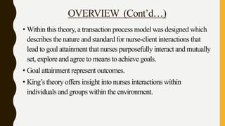 OVERVIEW (Cont’d…)
• Within this theory, a transaction process model was designed which
describes the nature and standard for nurse-client interactions that
lead to goal attainment that nurses purposefully interact and mutually
set, explore and agree to means to achieve goals.
• Goal attainment represent outcomes.
• King’s theory offers insight into nurses interactions within
individuals and groups within the environment.
 