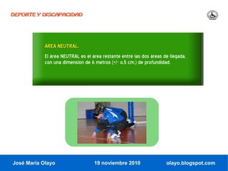 DEPORTE Y DISCAPACIDAD




            ÁREA NEUTRAL.
            El área NEUTRAL es el área restante entre las dos áreas de llegada,
            con una dimensión de 6 metros (+/- o,5 cm.) de profundidad.




José María Olayo                   19 noviembre 2010                 olayo.blogspot.com
 