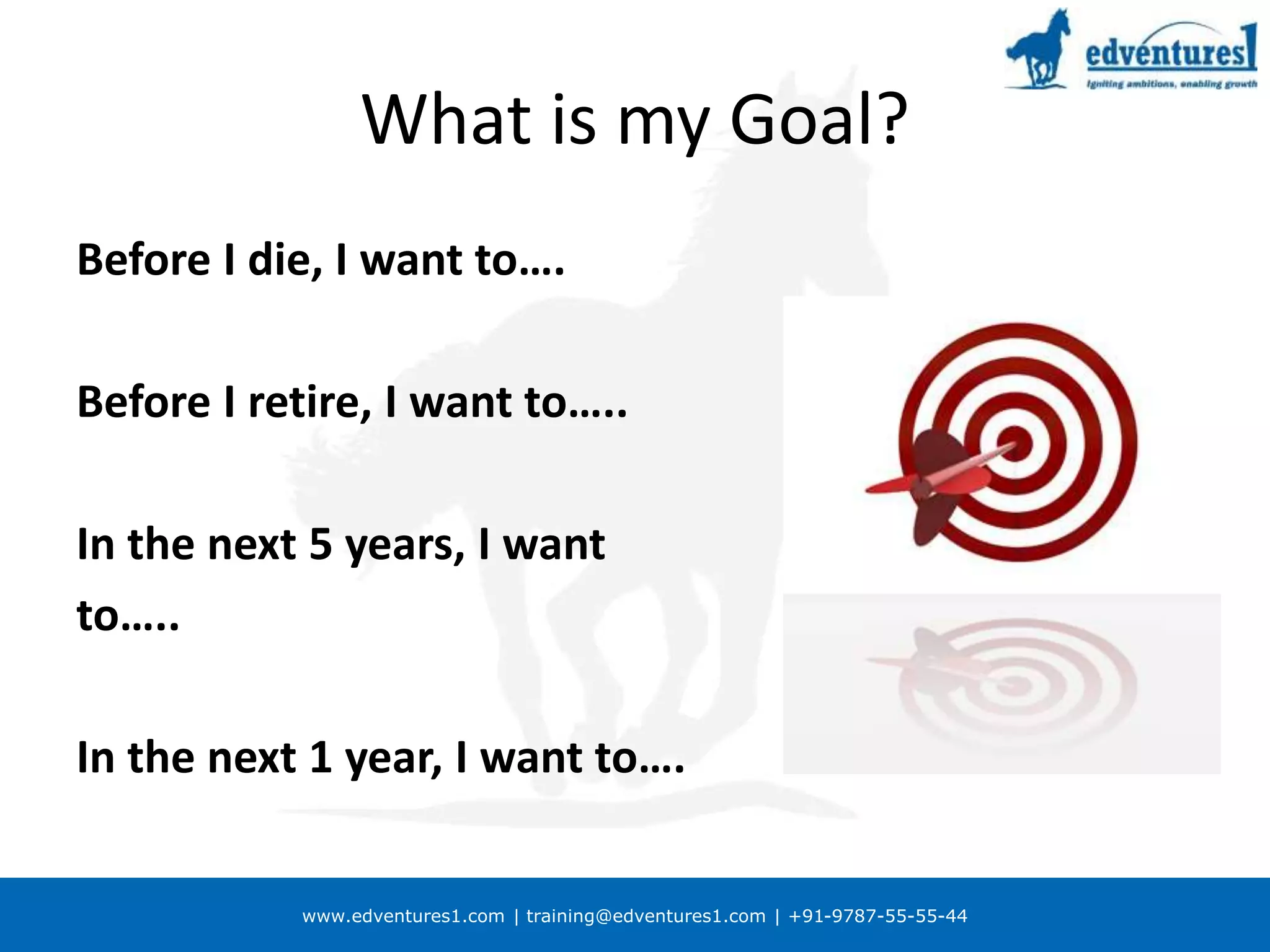 www.edventures1.com | training@edventures1.com | +91-9787-55-55-44
What is my Goal?
Before I die, I want to….
Before I retire, I want to…..
In the next 5 years, I want
to…..
In the next 1 year, I want to….
 