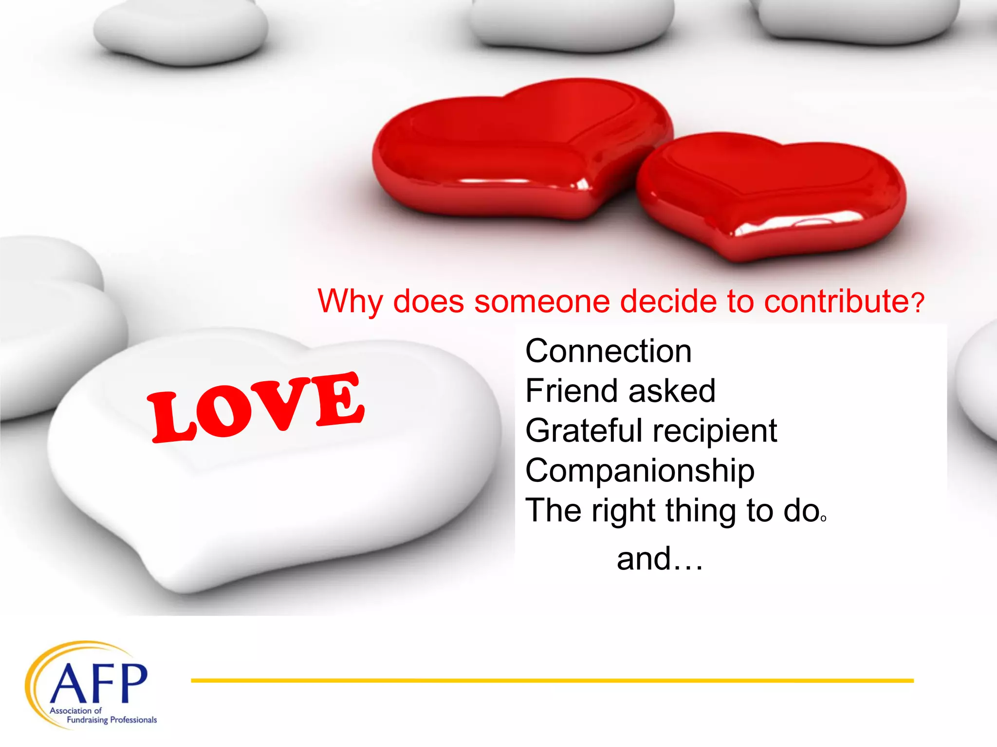 Why does someone decide to contribute?
Connection
Friend asked
Grateful recipient
Companionship
The right thing to doo
and…
LOVE