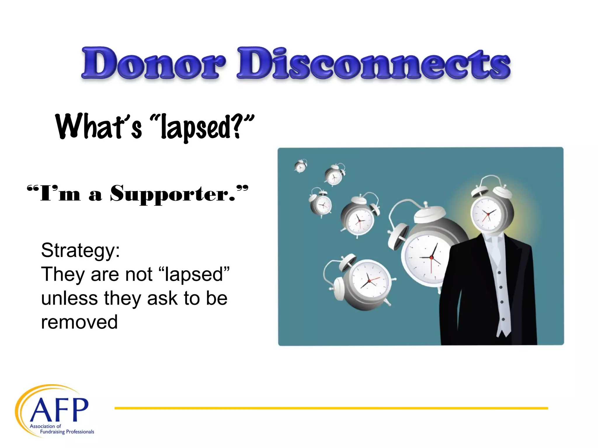 What’s “lapsed?”
“I’m a Supporter.”
Strategy:
They are not “lapsed”
unless they ask to be
removed