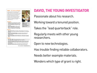 David · The Young Investigator
David has advanced from the post-doc stage to a
fellowship position at a Harvard-affiliated
hospital. While much of his work is still under the
direction of his lab’s primary investigator, he has
begun applying for his own funding, including
NIH K grants. Despite Harvard’s size and
resources, he feels isolated, but is willing to do
the legwork to find new collaborators that he
knows are out there. His lab lacks a grants
manager, so the application process gets pretty
overwhelming, especially with frequently
changing NIH rules.
Motivations
§ The Science. David is passionate about his research
and enjoys the intellectual satisfaction he finds in his
work, even though there’s no way to predict when
he’ll have the breakthrough which gets him noticed
by his peers.
§ Getting a faculty promotion. To remain in his field
long term, David must achieve a tenured faculty
position. He recognizes the role that data collection,
publications, and grants play in his career progress.
Behaviors
§ Takes control of his work. David’s research is highly self-directed, and he knows he’s
responsible for his own success. David takes the “lead quarterback” role on collaborative
grant efforts.
§ Looks out for networking opportunities. David attends a monthly meeting of young
researchers to learn about new research at the hospital and network with other
investigators like him.
§ Willing to try new things. While social networking isn’t in David’s blood, he’s willing to
trying a new technology a few times if it offers relief from the difficulties of collaborative
research.
§ How to find Dr. Right?Potential collaborators abound, but it’s hard for David to know who
will be reliable, honest, and available from generic lists of researchers.
§ Lack of great examples or instructions. Research faculty are often unwilling to share old
applications and budgets that can be used as templates or examples of proper writing
style. Though he can find reference materials, they’re not filtered down enough to be
immediately useful.
§ Grant matchmaking. David wonders, “Which grants from which agencies are most
appropriate for me? Are R03s worth the time? Why choose an R21 over an R01?”
Children’sHospital Boston·InformaticsSolutionsGroup
Age: 36
Affiliation: BIDMC
Field: Biosciences
Level: Junior Researcher
Degrees: MD, PhD
Obstacles
 