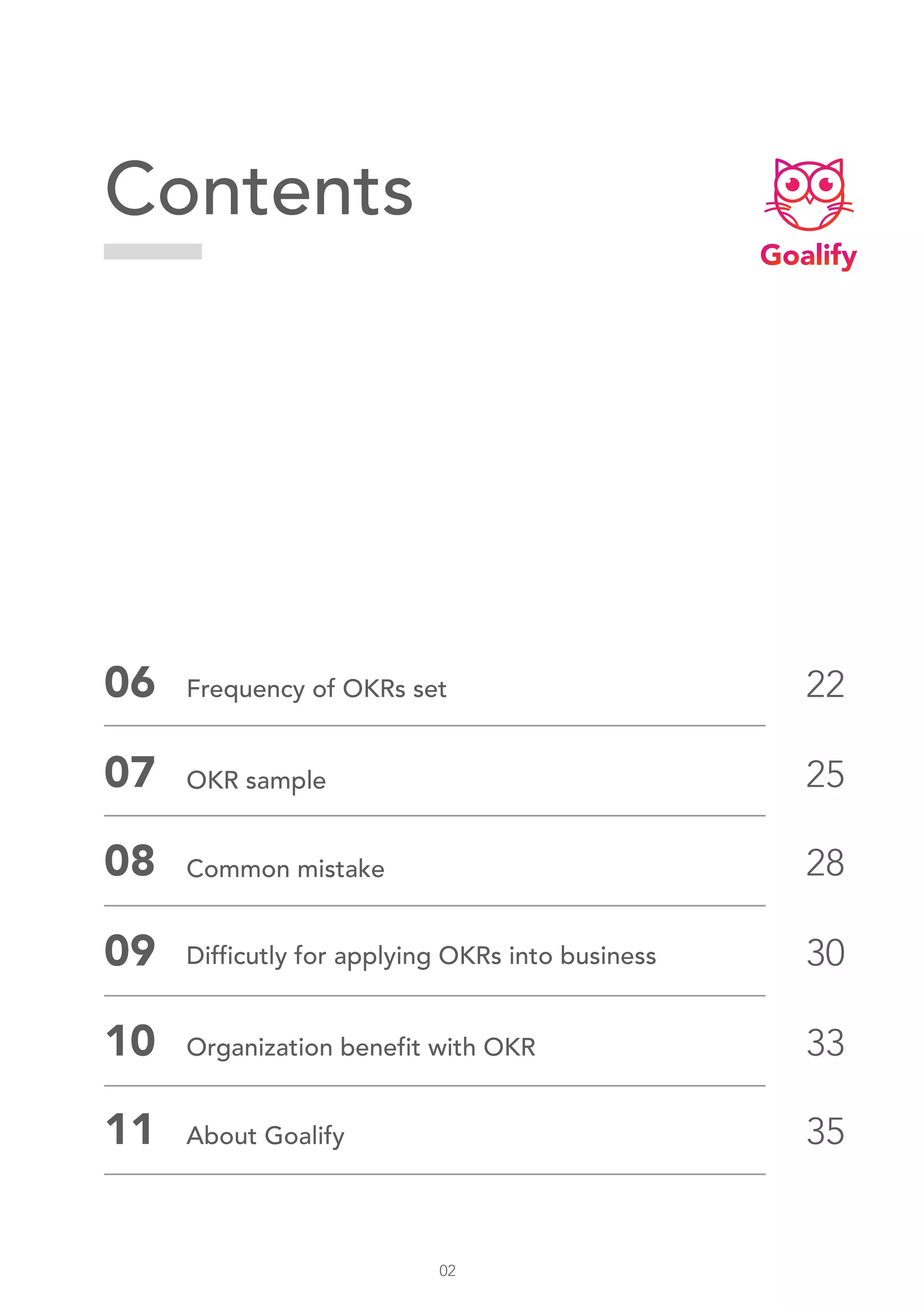 Contents
06 22Frequency of OKRs set
07 25OKR sample
08 28Common mistake
09 30Difficutly for applying OKRs into business
10 33
11 35
Organization benefit with OKR
About Goalify
02
 